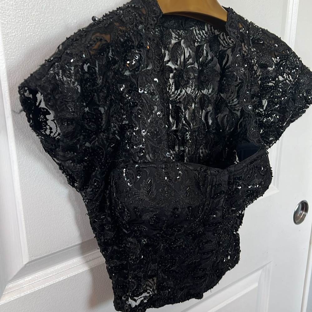 Rare vtg 90s BLACK LACE BUSTIER crop top sequins beads eyelets size 34 Madonna - Picture 6 of 12